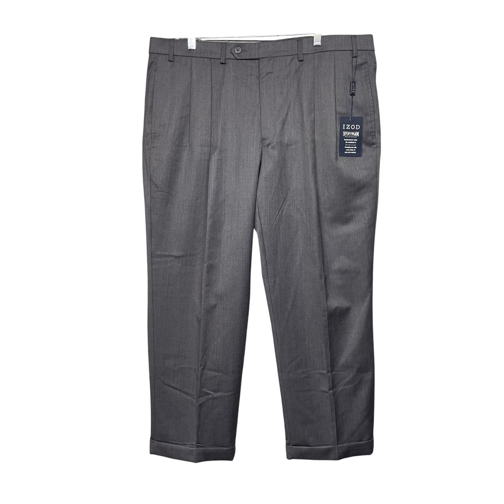 New IZOD Sportflex Dress Pants Mens 38x29 Gray Pleated Cuffed Wool Blend Classic